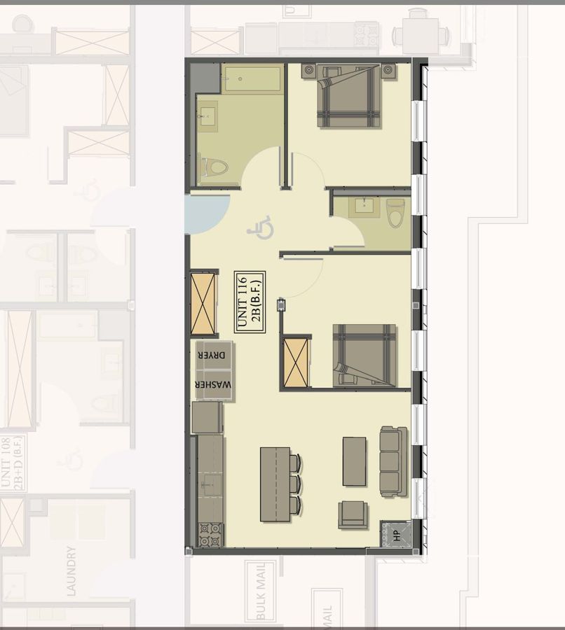 Floor plan of suite 116, 2 bedroom
