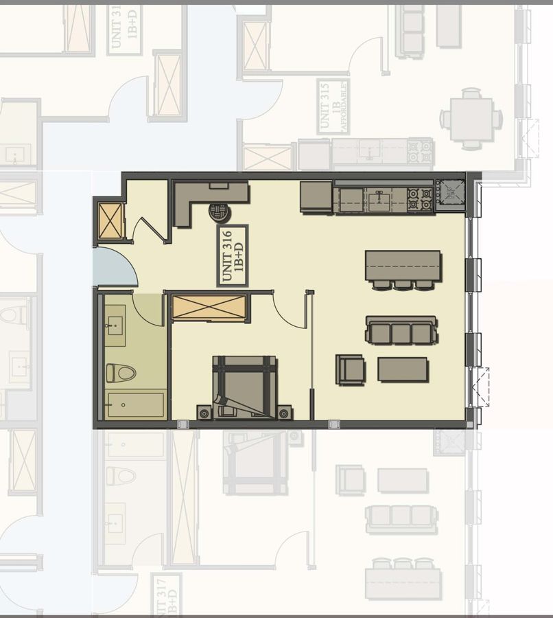 Floor plan of suite 316, 1 bedroom + den