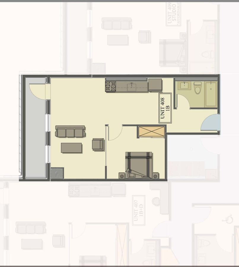 Floor plan of suite 408, 1 bedroom