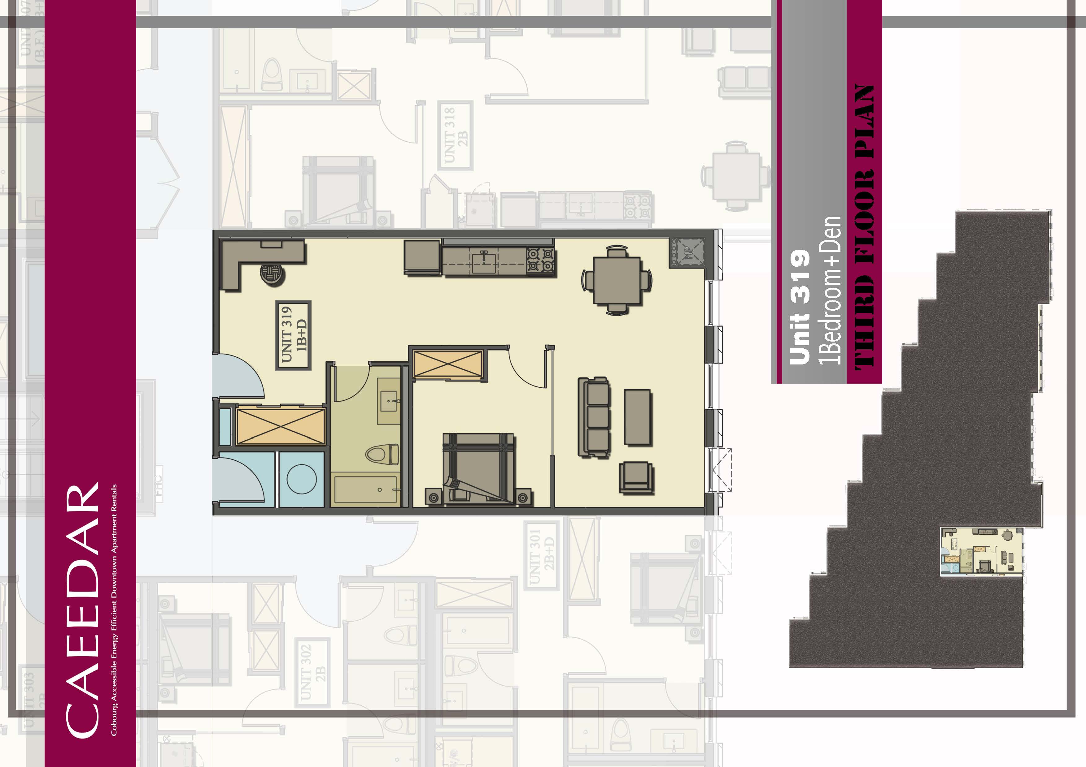 Floor plan of suite Unit319, 1 bedroom + den