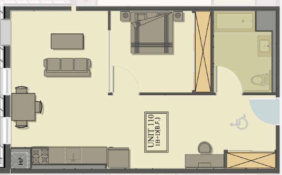 1 Bedroom + Den + Barrier Free floor plan