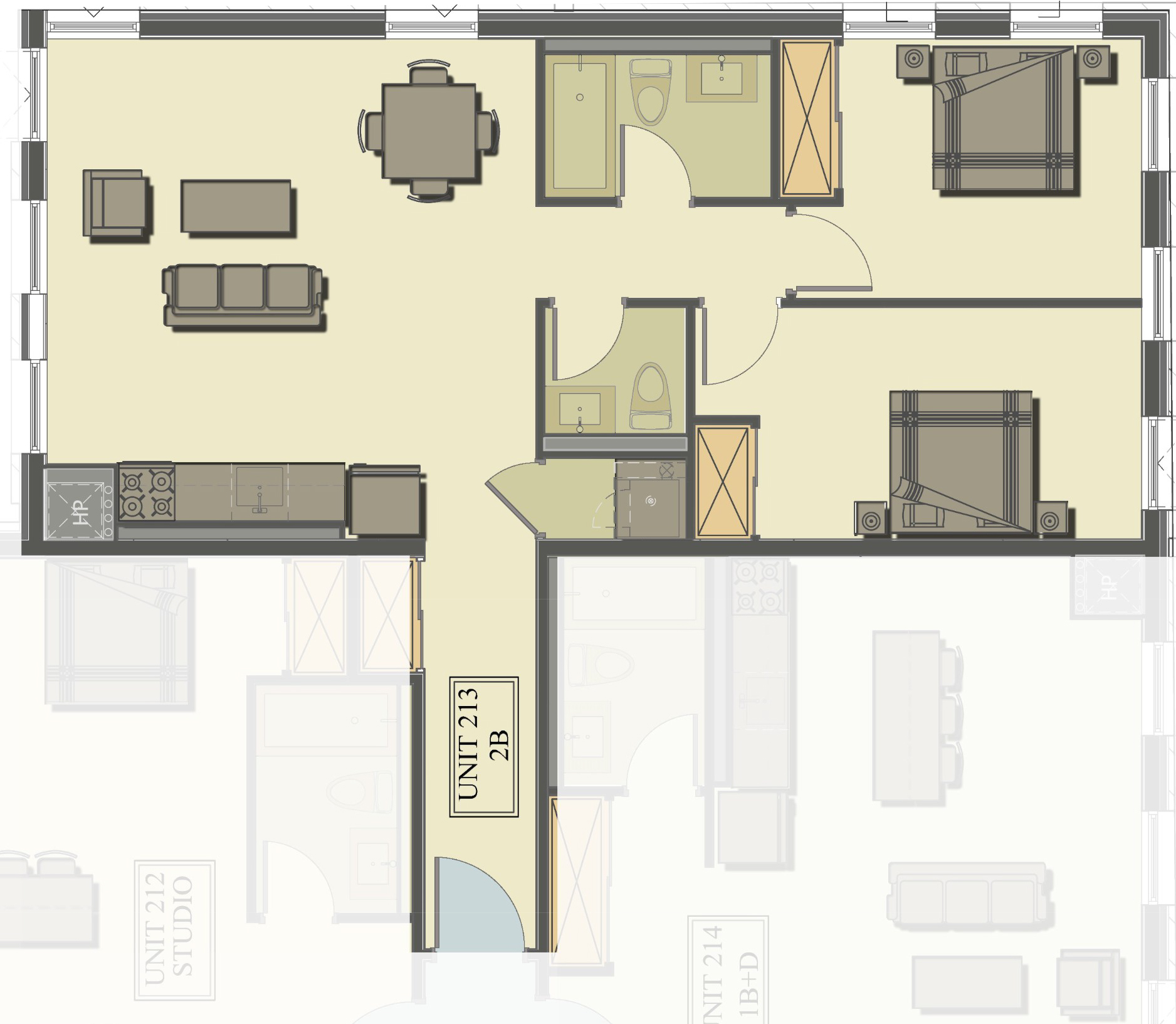 2 Bedrooms + 2 Bathrooms floor plan