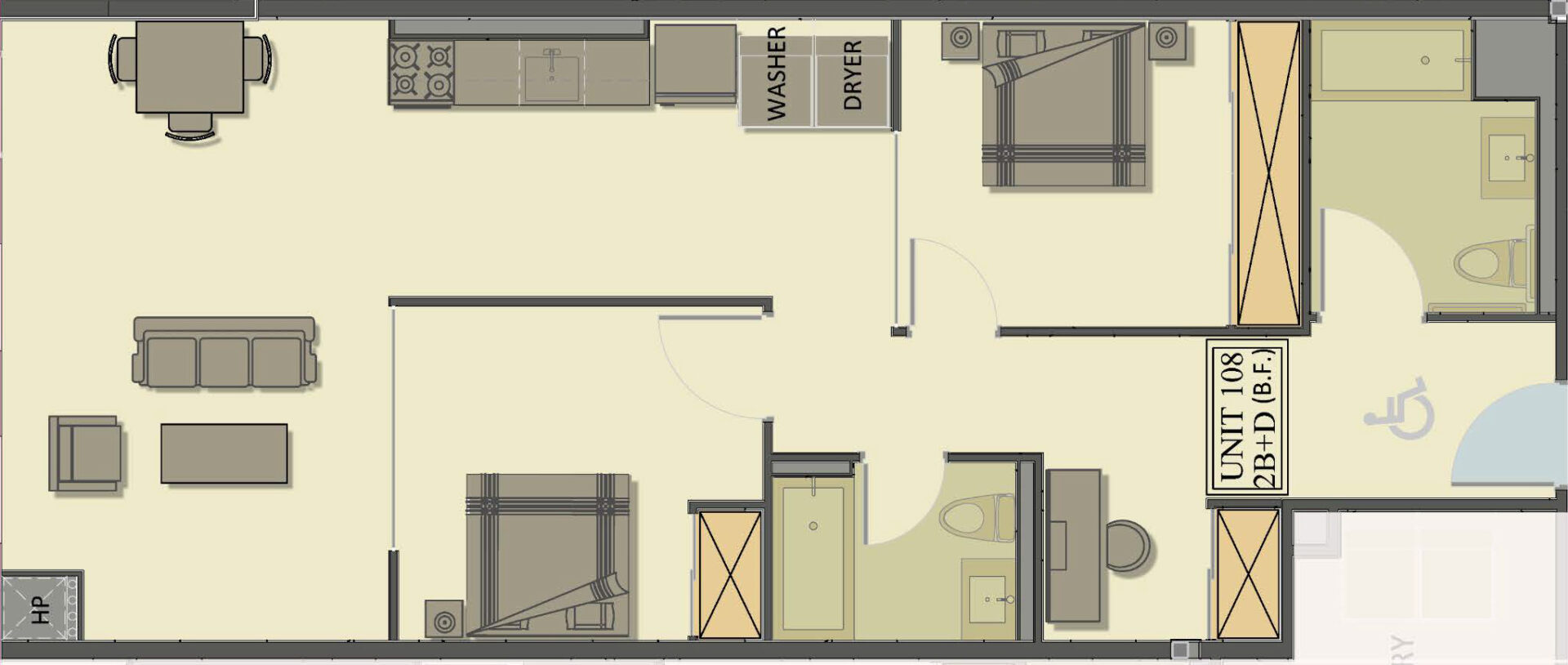 2 Bedrooms + Den + 2 Bathrooms + Barrier Free floor plan